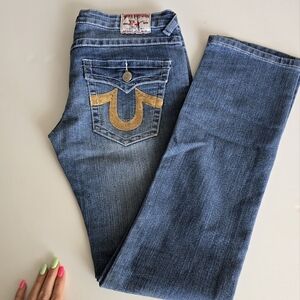 True Religion Women's Blue Boot Cut Jeans with Gold Stitching